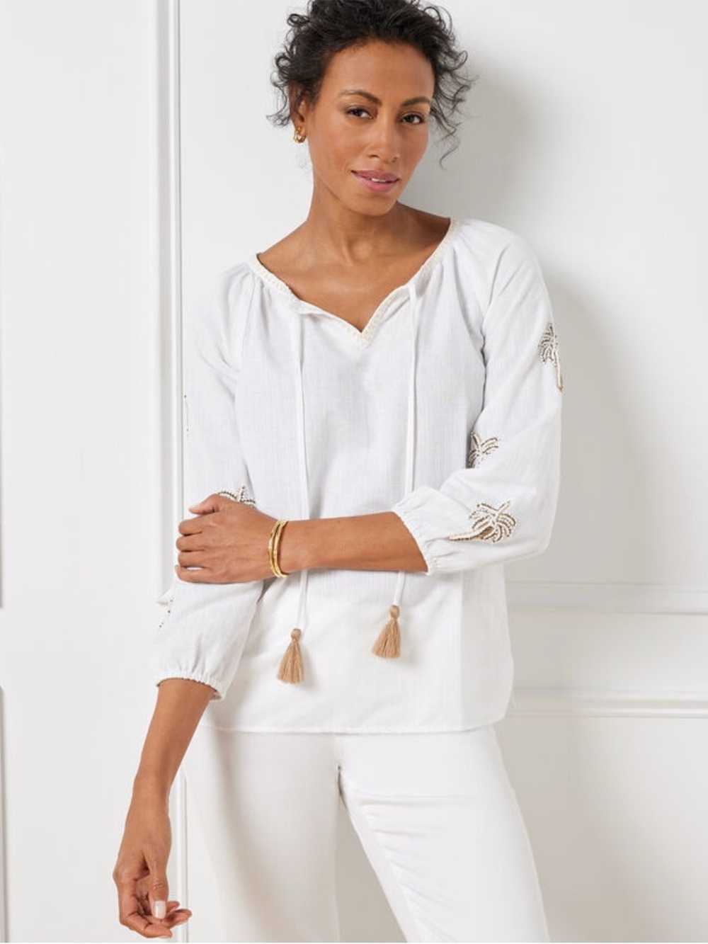 Talbots Palm Embellished Linen Cotton Popover with Tassel Tie Size XL